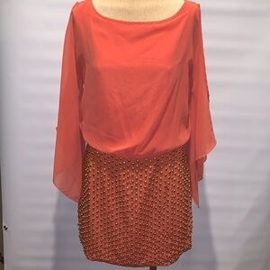 Black orange cold shoulder and gold beaded dress, Medium